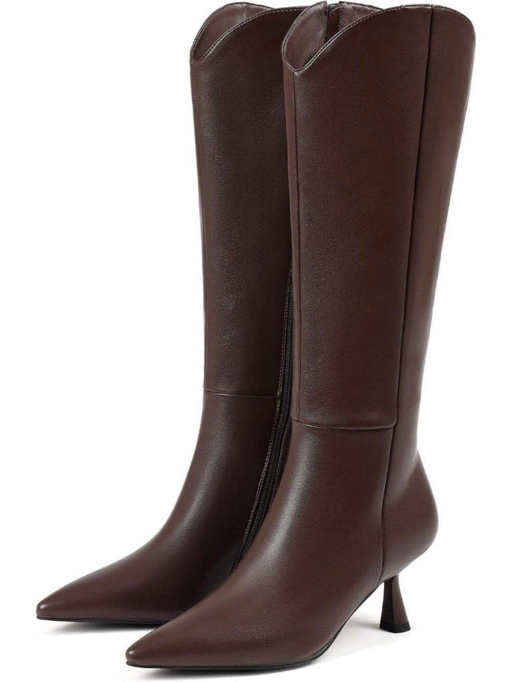 Women's Brown Kitten Low Heel Pointed Toe Stiletto Tall Side Zipper Fall Boots